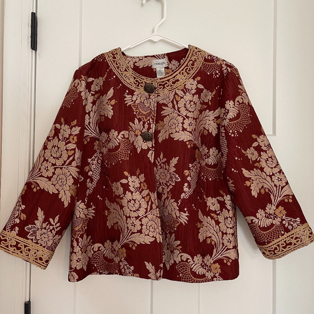 Chico's Vintage Dream Allaro Jacket Brick Red & Gold 100% Polyester - Size 1